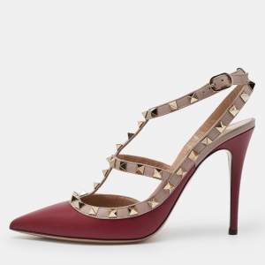 Valentino Red/Pink Leather Rockstud Strappy Pointed Toe Pumps Size Size 39