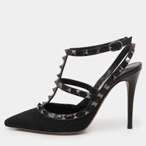 Valentino Black Fabric and Leather Rockstud Ankle Strap Pumps Size 37