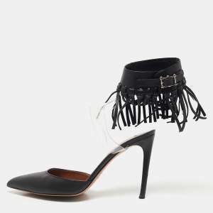 Valentino Black Leather and PVC C-Rockee Fringe Ankle Wrap Pumps Size 37.5