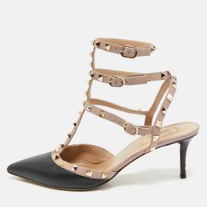 Valentino Black/Pink Leather Rockstud Ankle Strap Pumps Size 41