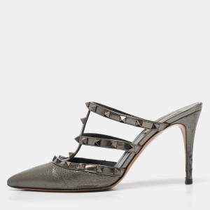 Valentino Metallic Grey Leather Rockstud Mules Size 39