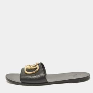 Pre Owned Valentino Black Leather VLogo Flat Slides Size 41