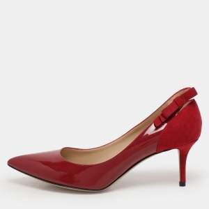 Pre Owned Valentino Burgundy Patent Leather And Suede Slingback Bow Pointed Toe Pump Size 39.5