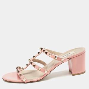 Pre Owned Valentino Pink Patent Rockstud Block Heel Slide Sandals Size 41