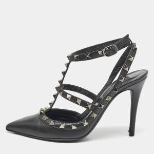 Valentino Black Leather Rockstud Ankle Strap Pumps Size 36