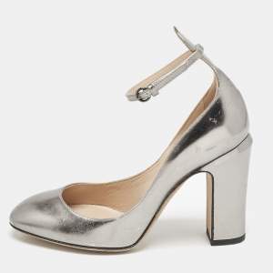 Valentino Grey Leather Tango Ankle Strap Block Heel Pumps Size 35.5