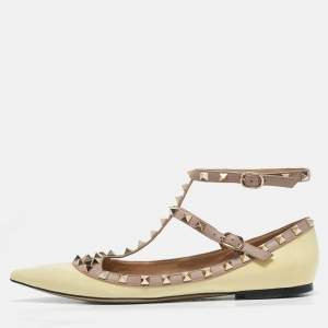 Pre Owned Valentino Yellow Patent Leather Rockstud Caged Ballet Flats Size 40.5