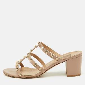 Valentino Dusty Pink Leather Rockstud Block Heel Slide Sandals Size 39