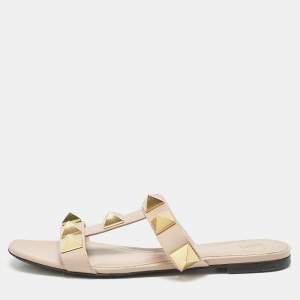 Valentino Beige Leather Roman Stud Slide Flats Size 37