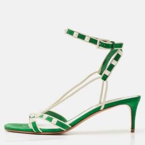 Pre Owned Valentino Green/White Suede And Leather Rockstud Strappy Sandals Size 39