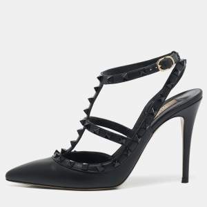 Valentino Black Leather Rockstud Ankle Strap Pumps Size 40