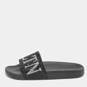 Valentino Black Leather Crystal Embellished Flat Slides Size 37