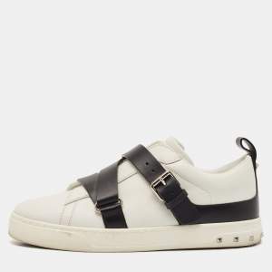 Valentino White/Black Leather Buckle Strap Rockstud Low Top Sneakers Size 38.5