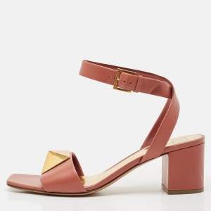 Valentino Pink Leather Roman Stud Ankle Strap Sandals Size 38.5