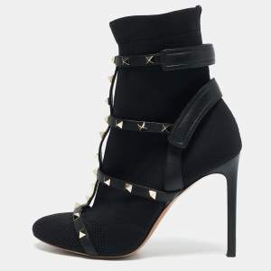 Valentino Black Knit Fabric and Leather Rockstud Ankle Length Boots Size 39