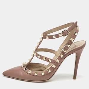 Valentino  Dusty Pink Leather Rockstud Ankle Strap Pumps Size 37