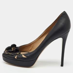 Valentino Black Leather Flower Embellished Peep Toe Platform Pumps Size 38.5