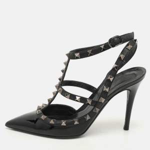 Pre Owned Valentino Black Patent Leather Rockstud Ankle Strap Pumps Size 37