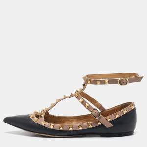 Valentino Black/Beige Leather Rockstud Caged Ballet Flats Size 39