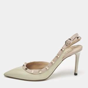 Valentino Dusty Pink/Green Patent and Leather Rockstud D'orsay Slingback Pumps Size 37
