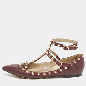 Valentino Burgundy Leather Rockstud Ballet Flats Size 38