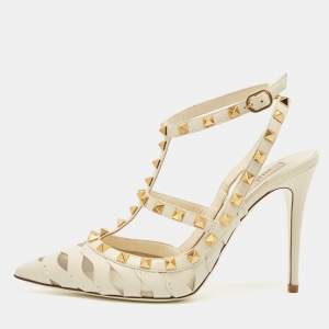 Valentino Ivory Leather Rockstud Ankle Strap Pumps Size 39.5