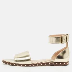 Valentino Gold Leather Soul Rockstud Ankle Strap Flat Sandals Size 38