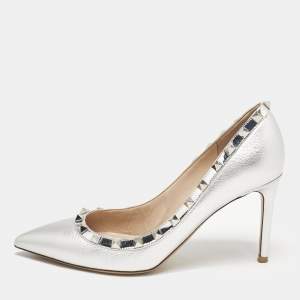Valentino Silver Foil Leather Rockstud Pointed Toe Pumps Size 37.5