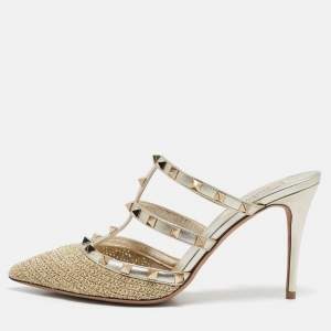 Valentino Gold Woven Lurex Fabric Rockstud Heel Mules Size 40.5