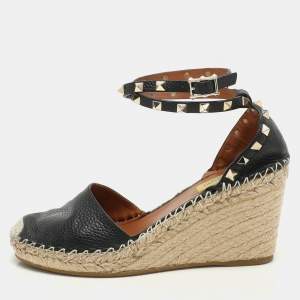 Valentino Black Leather Rockstud Espadrille Wedge Ankle Strap Sandals Size 38