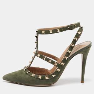 Valentino Olive Green Suede and Leather Rockstud Caged Pumps Size 40