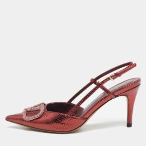Valentino Metallic Snakeskin Embossed Leather VLogo Slingback Pumps Size 37