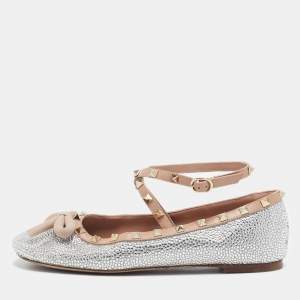 Valentino Beige/Silver Leather Crystal Embellished Rockstud Ballet Flats Size 39.5