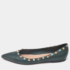 Valentino Green Leather Rolling Rockstud Ballet Flats Size 38