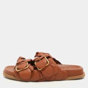 Valentino Brown Leather Atelier 03 Rose Edition Flat Slide Sandals Size 37