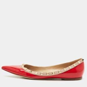 Valentino Red/Pink Patent Leather Rockstud Pointed Toe Ballet Flats Size 39