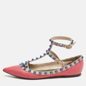 Valentino Pink/Beige Leather Rockstud Cage Ballet Flats Size 36.5