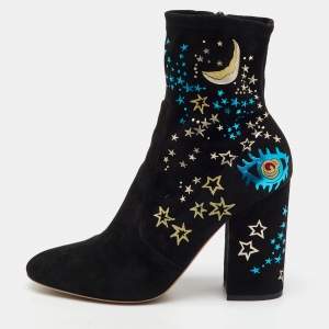 Valentino Black Suede Astro Couture Block Heel Ankle Length Boots Size 39