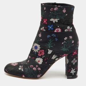 Valentino Black Fabric Floral Print Block Heel Ankle Length Boots Size 40