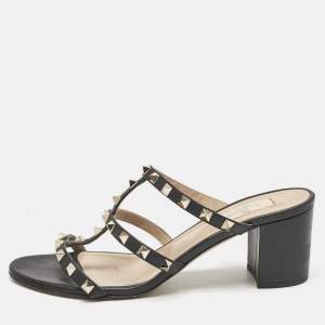 Valentino Black Leather Rockstud Block Heel Slide Sandals Size 39.5