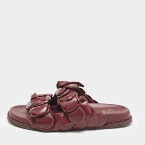 Valentino Burgundy Leather Atelier 03 Rose Edition Flat Slide Sandals Size 39