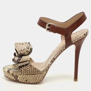 Valentino Beige Leather and Python Leather Bow Ankle Strap Sandals Size 37