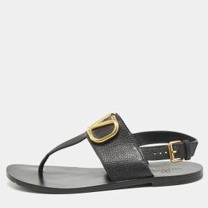 Valentino Black Leather VLogo Thong Flat Sandals Size 38.5