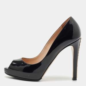 Valentino Black Patent Leather Rockstud Heel Peep Toe Pumps Size 37.5