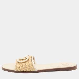 Valentino Cream/Beige Raffia and Leather VLogo Slide Sandals Size 38