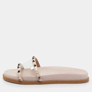 Valentino Pink Leather and PVC Rockstud Flat Slides Size 37