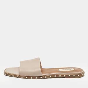 Valentino Beige Leather Soul Rockstud Flat Sandals Size 38