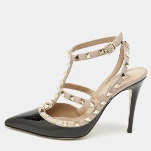 Valentino Black/Beige Patent Leather Rockstud Caged Ankle Strap Pumps Size 38