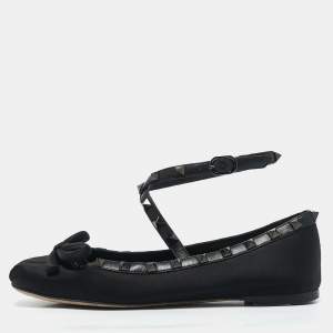 Valentino Black Satin Bow Rockstud Ankle Strap Ballet Flats Size 36