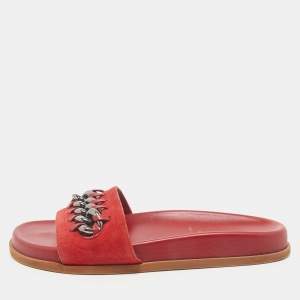 Valentino Red Leather and Suede Chain Embellished Flat Slides Size 37